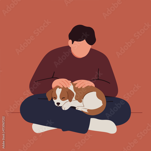 Person cross-legged, stroking a sleeping puppy in their lap