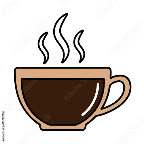 Stylized Brown Cup of Dark Coffee with Steaming Aroma on White Background Vector Illustration