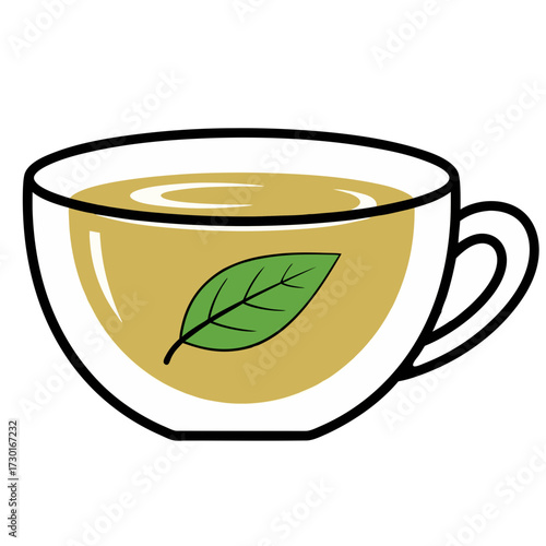 Illustration of Clear Glass Tea Cup with Green Tea and Leaf on White Background