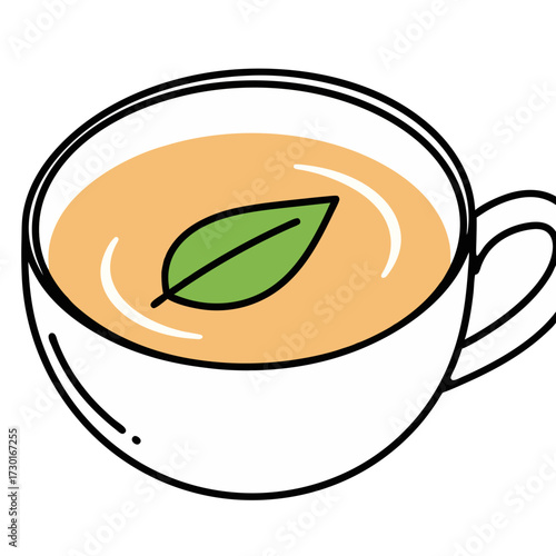 Cup of Tea Vector Illustration with Mint Leaf in White Cup on Transparent Background