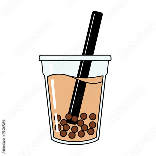 Boba Tea Drink with Tapioca Pearls Black Straw and Clear Plastic Cup on White Background Vector Illustration