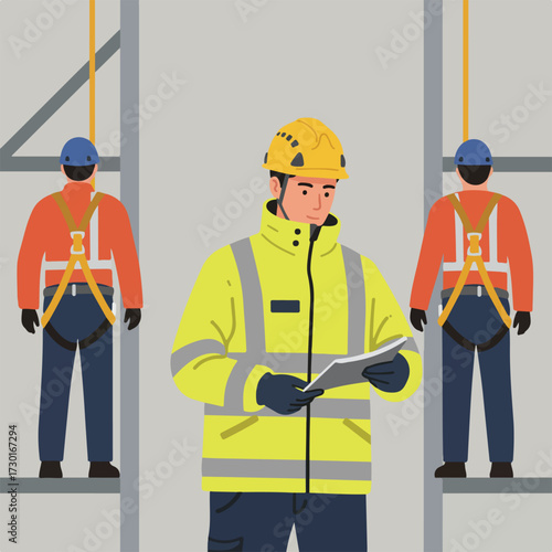 Construction inspector reviewing workers secured by safety harnesses on scaffolding