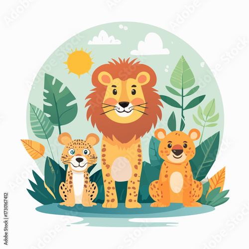Charming illustration of a majestic lion and two adorable spotted cubs standing proudly amidst lush tropical foliage under a warm sunny sky, symbolizing natural harmony and friendship