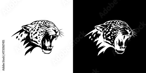 A fierce jaguar head roaring with its mouth open, depicted in a graphic, stylized black and white illustration.