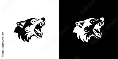 A striking black and white illustration of a wolf's head with its mouth open in a snarl, set against contrasting backgrounds.