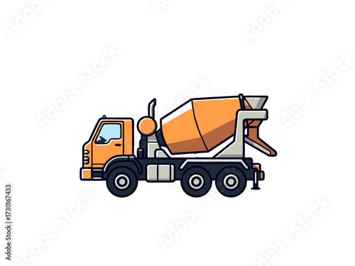 Pixelated Orange Concrete Mixer Truck on White Background Minimalist Vector Illustration