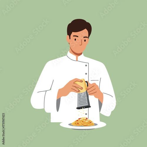 Chef grating cheese over pasta dish, soft green backdrop, simple illustration