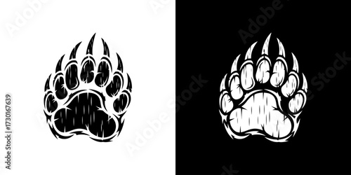 A stark black and white illustration of a bear paw print with sharp claws, presented on both a white and black background.