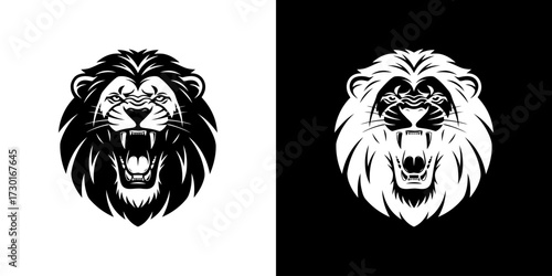 A striking black and white graphic illustration of a roaring lion's head, presented twice, once in black on white and once in white on black.