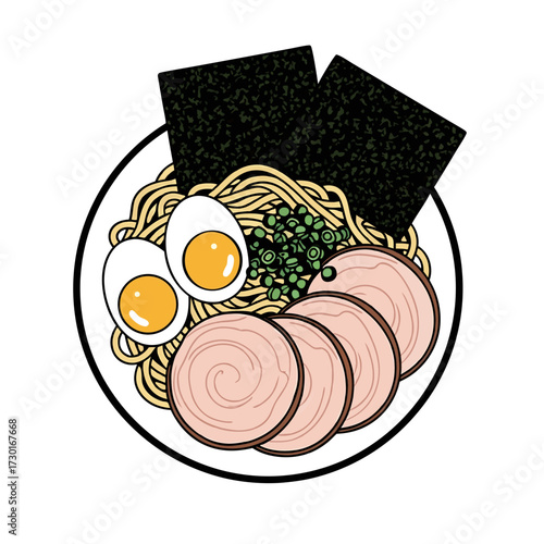 Pixel Art Ramen Bowl Illustration with Noodles Meat Egg Seaweed and Greens on White Plate with White Background Vector