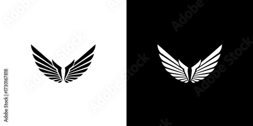 A symmetrical graphic design featuring a pair of stylized wings, presented in both black on white and white on black.