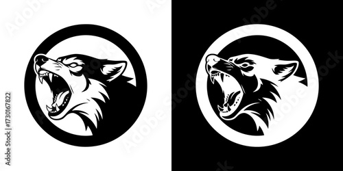 A striking black and white graphic featuring a snarling wolf's head within a circle, presented twice against contrasting backgrounds.