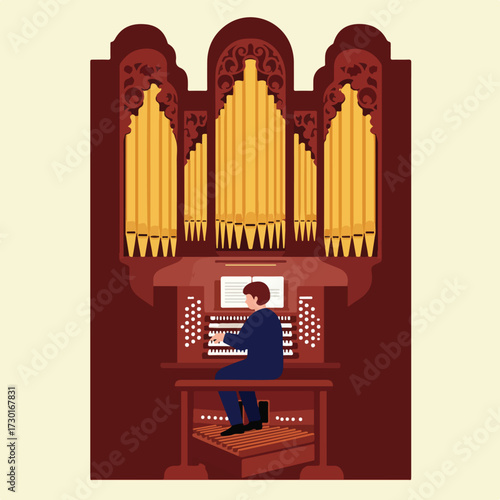 Organist performing on a large pipe organ with ornate details