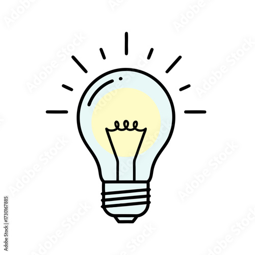 Illuminated Light Bulb Icon on White Background Simple Design