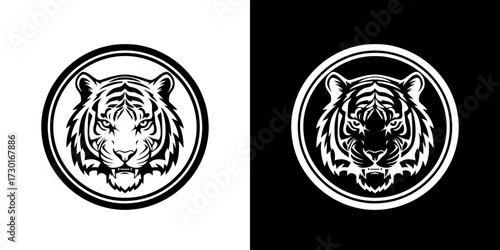 A striking black and white illustration of a tiger's head within a circular frame, presented on both a white and black background.