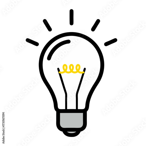 Illustration of White Lightbulb with Yellow Filament on White Background