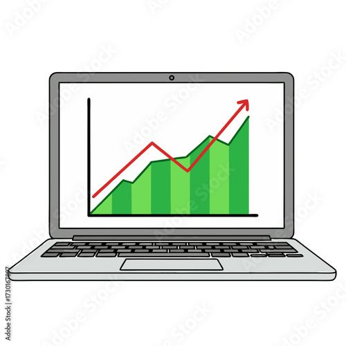 Laptop Screen Displaying Green Bar Graph with Red Arrow on White Background