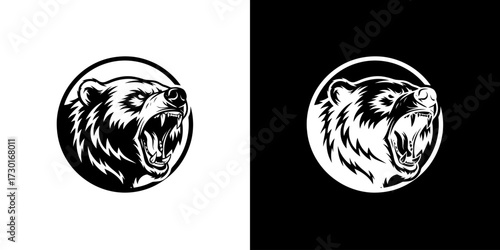 A fierce grizzly bear head with bared teeth, depicted in a circular emblem, presented in both black and white on contrasting backgrounds.