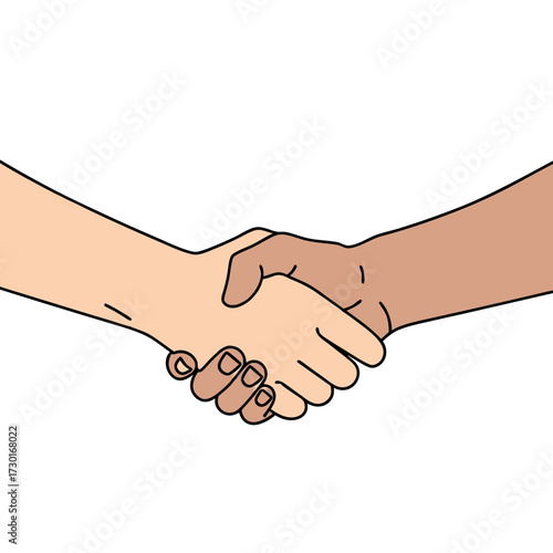 Illustration of Interracial Handshake Against White Background in Cartoon Style Depicting Agreement Unity with White and Brown Skinned Hands