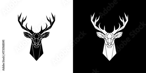A geometric stag head logo is displayed in two versions, one black on white and the other white on black.
