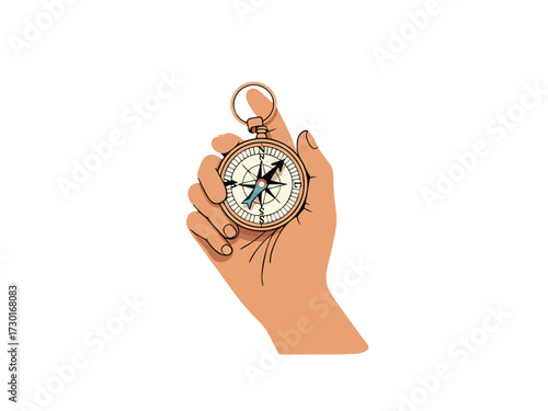 Hand Holding Beige and White Compass with White Background Vector