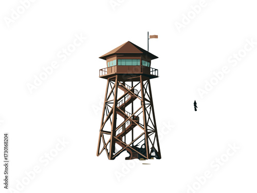 Isometric Pixel Art of Wooden Lookout Tower Against White Background Under Warm Light