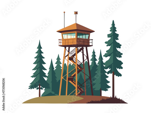 Pixel Art Lookout Tower with Forest Landscape in Cartoon Style on White Background with Neutral Color Palette