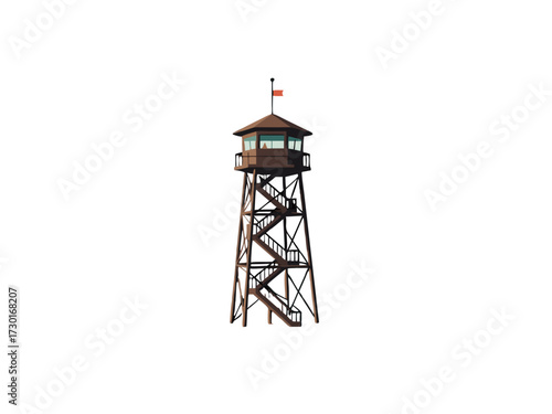 Pixel Art Brown Observation Tower with Red Flag on Dark Background