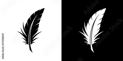 A striking graphic design featuring a feather in silhouette, presented in both black on white and white on black, highlighting its delicate structure.