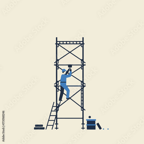 Minimalist illustration of a worker on scaffolding, tools nearby
