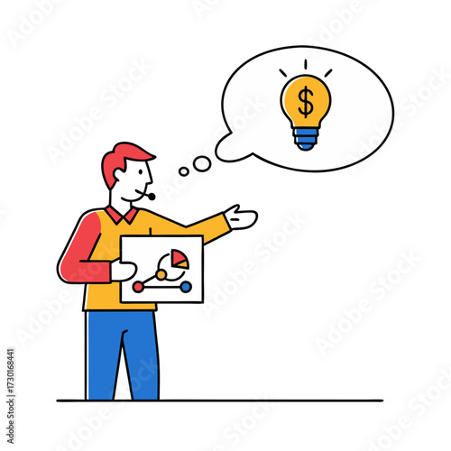 Man Presenting Business Strategy with Lightbulb Idea Vector Illustration on Transparent Background