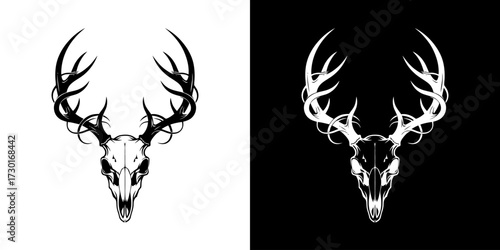 A striking black and white illustration of a deer skull with elaborate antlers, presented in two contrasting styles.
