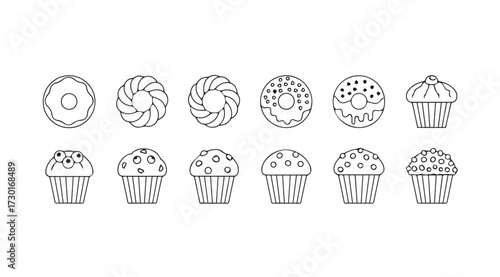 Vector art of outline donut and muffin