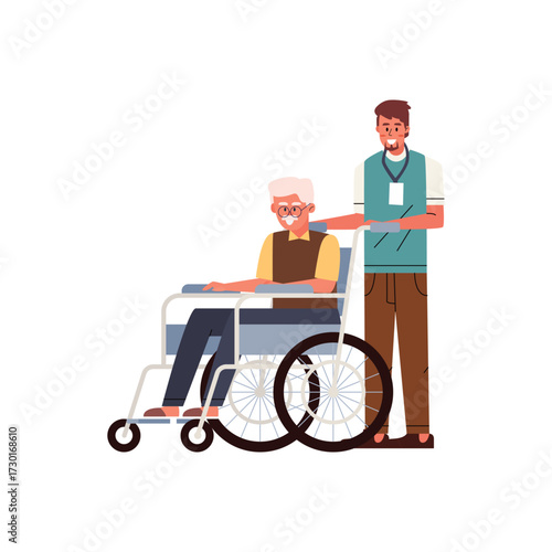 Old Man in Wheelchair with Travel Assistant Illustration
