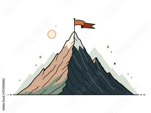 Minimalist Pixel Art of Snowy Mountain Peaks Under Starry Sky with a Flag at the Summit on a White Background
