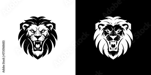A striking black and white graphic illustration of a roaring lion's head, presented in two contrasting styles.