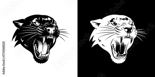 A striking black and white illustration of a snarling panther's head, presented in two contrasting styles.