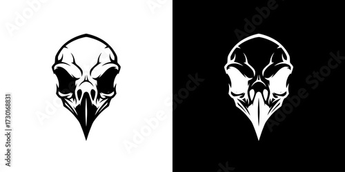 A striking black and white illustration of a bird skull, presented on both a white and black background.