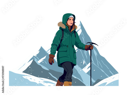 Woman in Green Parka Hiking Snowy Mountain Landscape Vector Illustration with Fur Hooded Coat Trekking Poles and Dark Pants Against White Background