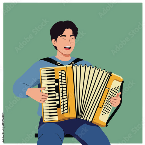 Smiling person plays an accordion against a solid green background
