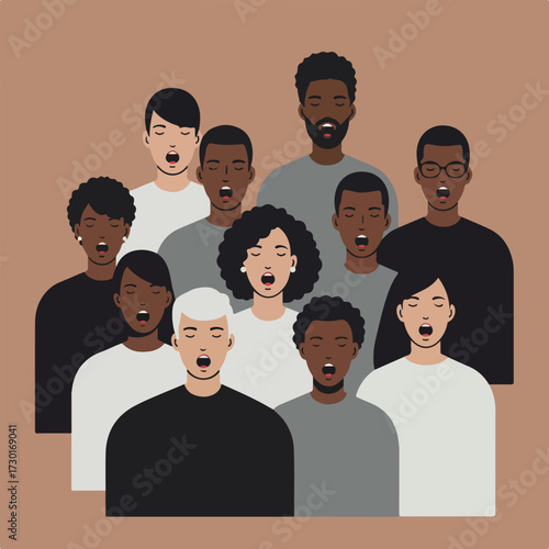 Diverse choir singing with eyes closed on a beige background