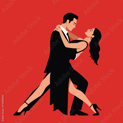 Couple embraces in tango pose, stylized on red backdrop