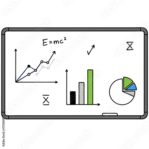Whiteboard Sketch Featuring Business Graphs and Equation E Mc2 with Black Frame, Line Charts, Pie Chart, Bar Chart, Green Gray and Black Colors in a
