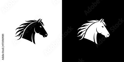 A striking graphic design featuring a horse's head in silhouette, presented in both black on white and white on black.