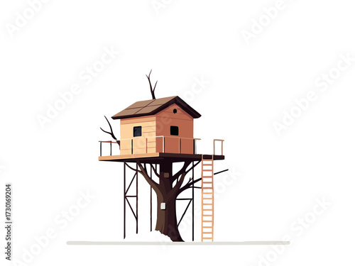 Pixel Art Illustration of a Small House on Stilts in a Bare Tree Against a White Background with Ladder and Simple Geometric Ground