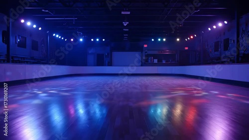 Empty Roller Skating Rink With Colorful Lights and Shiny Wood Floor at Night