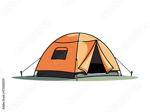 Orange Camping Tent Illustration on a Green Ground with a White Background Vector Image