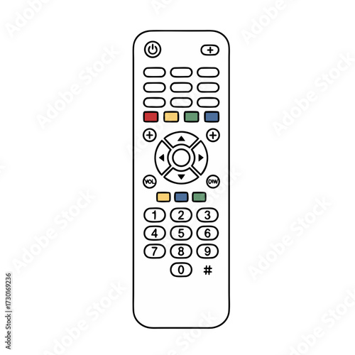 White Remote Controller Vector on White Background with Circular and Rectangular Buttons Featuring Number Pad and Directional Controls Minimalist