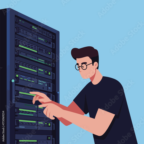 Man with glasses interacting with a server rack, light blue background