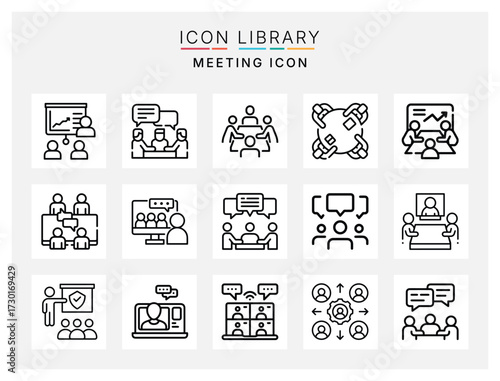 Flat minimal meeting icon collection with teamwork, office collaboration, corporate communication, brainstorming, and seminar illustrations
